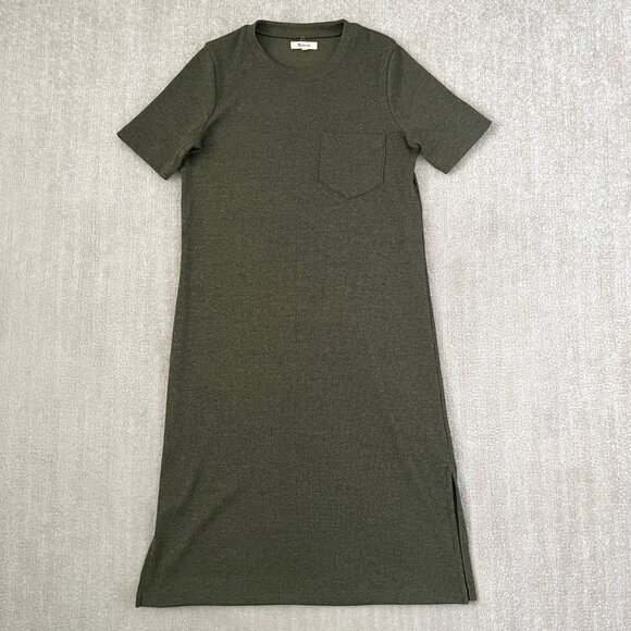 Madewell Ribbed Short Sleeve Pocket T Shirt Green Midi Dress S - Picture 1 of 9